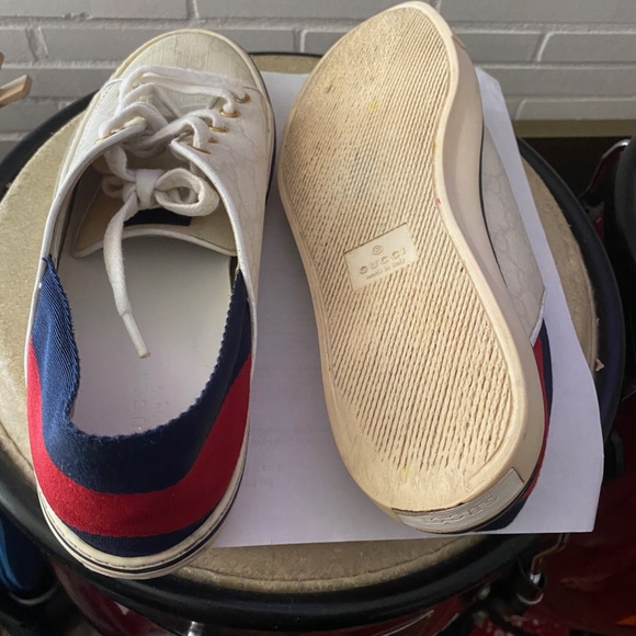 GUCCI MONOGRAMMED FABRIC SNEAKERS RUBBER SHOES 9.5-womens; mens-7.5 laced ITALy - Picture 5 of 11